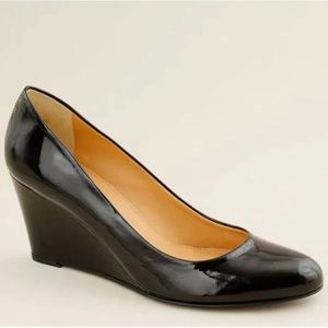 J. Crew. Black Patent Wedges 9